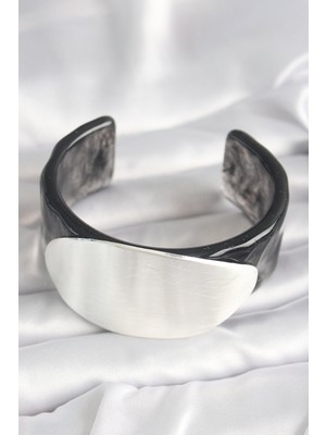 Siyah Mermer Desen Akrilik Plastik Gümüş Oval Plaka Model Vintage Kadın Bilezik - Lisinya