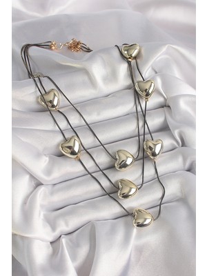 Pirinç Füme Renk Zincir 3D Gold Renk Kalp Model Kadın Kolye - Lisinya