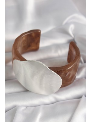 Kahverengi Mermer Desen Akrilik Plastik Gümüş Plaka Model Vintage Kadın Bilezik - Lisinya