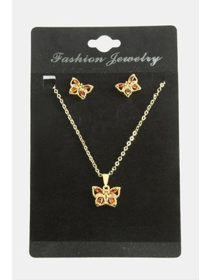 Zengezur Kelebek Zirkon Taşlı Set Kolye-Kırmızı