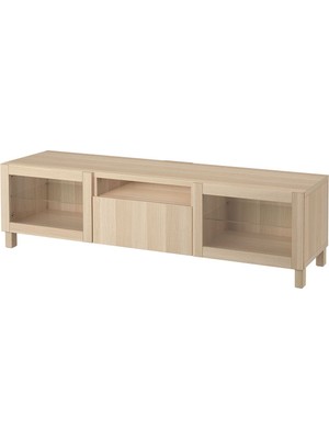 Tv Sehpası, Ağartılmış Meşe Görünümlü-Beyaz Meşe Görünümlü-Şeffaf Cam, 180X42X48 Cm, Lappvıken/sındvık, Fren Raylı