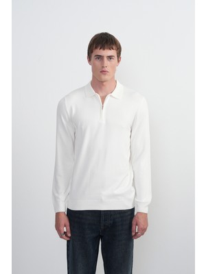 Erkek Yarım Fermuar Uzun Kol Beyaz Polo Yaka Tişört