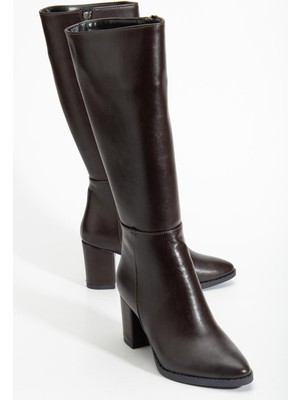 Kadın Topuklu Çizme Kahve Suni Deri Sivri Burun