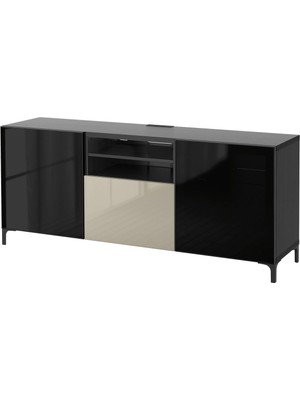 Tv Sehpası, Venge-Parlak Cila-Bej-Füme Cam, 180X42X74 Cm, Selsvıken/glassvık, Fren Raylı