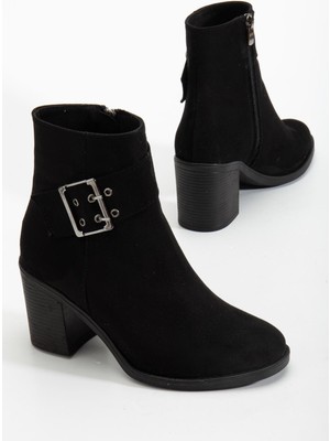 Kadın Topuklu Bot Siyah Süet Hazır Taban Yan Tokalı