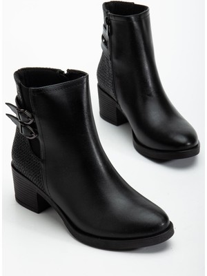 Siyah Kadın Topuklu Bot Hasır Detaylı Suni Deri Tokalı