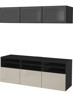 Tv Ünitesi, Venge-Parlak Cila-Bej-Şeffaf Cam, 180X42X192 Cm, Selsvıken/glassvık, Fren Raylı