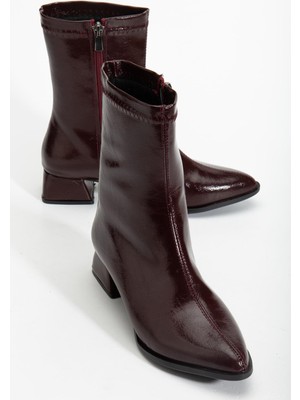 Kadın Kısa Topuklu Bot Bordo Rugan Yüzü Dikişli