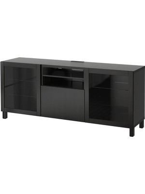 Tv Sehpası, Siyah-Kahverengi-Şeffaf Cam, 180X40X74 Cm, Lappvıken/sındvık, Fren Raylı