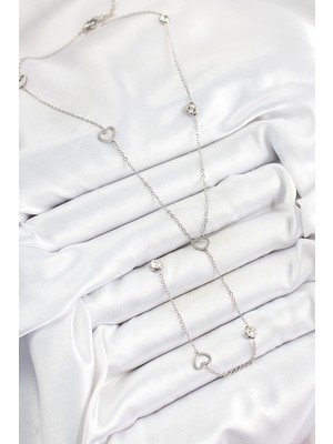 316L Çelik Zirkon Taşlı Kalp Figürlü Y Model Gümüş Renk Kadın Kolye - Lisinya