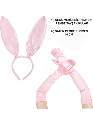 Saten Kaplama Soft Pembe Eldiven 40 cm ve Tavşan Kulak 2 Li Set