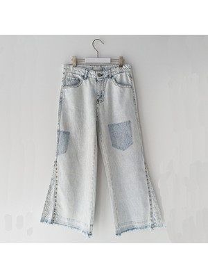 Bol Paça Taş Işlemeli Püsküllü Kız Çocuk Denim Pantolon Buz Mavi Renk Kız Taşlı Pantolon 001-0002094