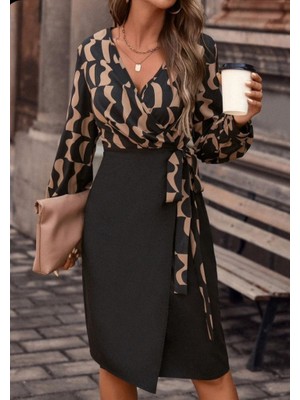 Gökyüzü Moda Kadın Uzun Kollu Kruvaze Yaka Dijital Baskılı Fiyonk Detay Atlas Kumaş Elbise