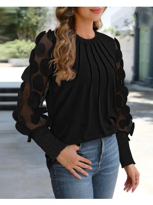 La Mode Istanbul Kadın Uzun Kollu Bisiklet Yaka Kolları Tül Detaylı Nervürlü Ithal Krep Bluz