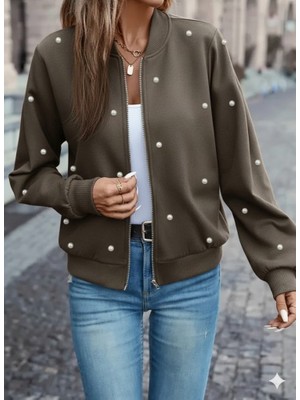 Tua Moda Kadın Uzun Kollu Önden Fermuarlı Incili Kısa Modal Ceket