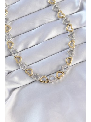 Vip Seri Pirinç Çift Renk Zirkon Taşlı Içi Boş Kalp Tasarımlı Kolye - Lisinya