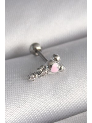 316L Çelik Gümüş Renk Zirkon Taş Detay Pembe Kalp Işleme Tragus Piercing - Lisinya