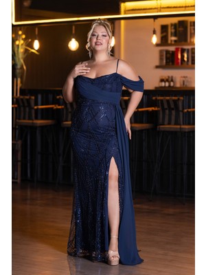 Bacak Dekolteli Uzun Boncuklu Büyük Beden Abiye ABU5319