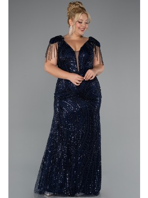 Boncuklu Kısa Kol V Yaka Uzun Büyük Beden Abiye ABU5336