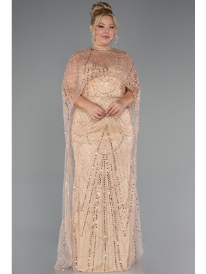 Straplez Boncuk Işlemeli Şallı Büyük Beden Uzun Abiye ABU5328