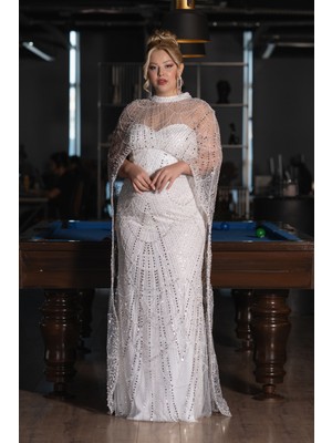 Straplez Boncuk Işlemeli Şallı Büyük Beden Uzun Abiye ABU5328