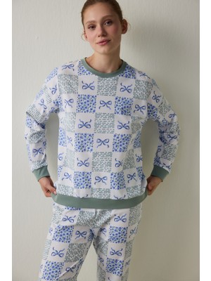 Penti Kırık Beyaz Cute Bows Bisiklet Yaka Pamuklu Uzun Kollu Pijama Takımı