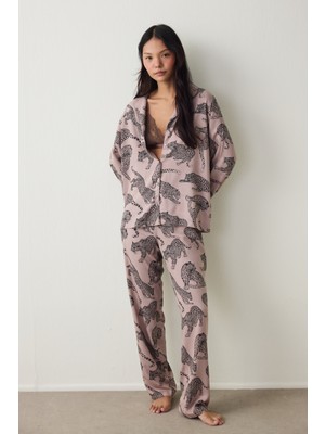 Koyu Bej Eva Kaplan Desenli Gömlek Yaka Pijama Takımı