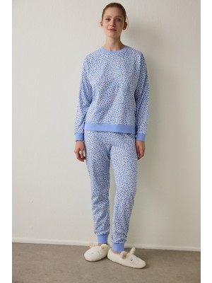 Penti Mavi Çiçek Desenli Bisiklet Yaka Pamuklu Uzun Kollu Pijama Takımı