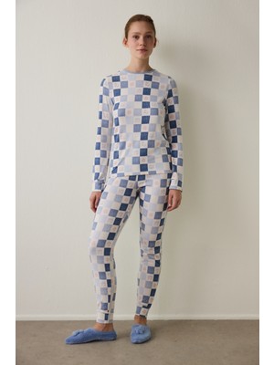 Penti Açık Mavi Ekoseli Uzun Kollu Termal Etkili Pijama Takımı