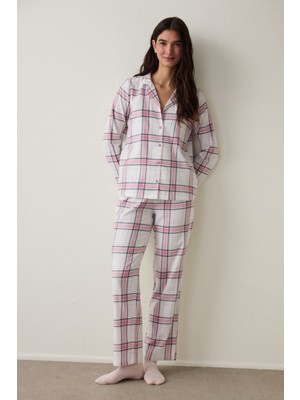 Penti Pembe Ekoseli Gömlek Yaka Pamuklu Uzun Kollu Pijama Takımı