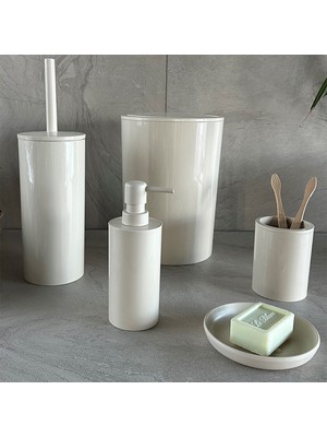 Primanova 5 Parça Bej Plastik Kapaklı Banyo Seti Modern Minimalist Tasarım Kolay Temizlik