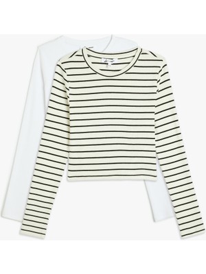 Koton Çizgili Crop Tişört Uzun Kollu Bisiklet Yaka Slim Fit