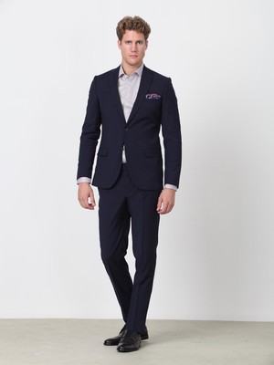 Kip Lacivert Düz Slim Fit Yün Karışımlı Takım Elbise