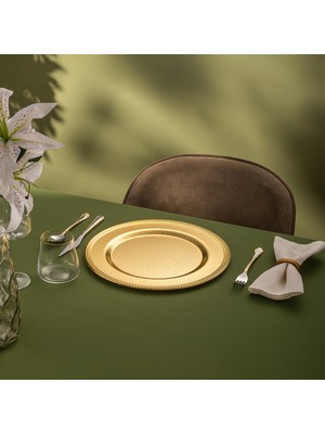Emsan Altın Renk Yuvarlak Metal Supla – Çekiç Desenli Tekli Servis Altlığı, Şık Masa Sunumları İçin
