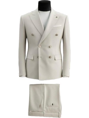 Erkek Kruvaze Spor Takım Elbise Krem