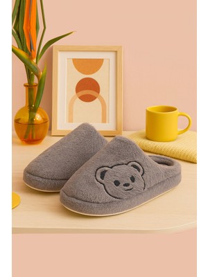 Fluffy Ayıcık Desenli Kadın Ev Terliği Kışlık Yünlü Terlik Ses Yapmayan Içi Yünlü Günlük Rahat Terlik