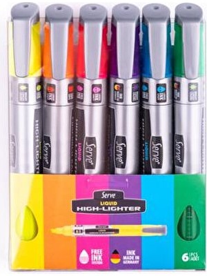 Serve Likit Fosforlu Kalem Seti 6 Adet Farklı Renkler 1-5.5 mm Uç Boyutu Uzun Süreli Kullanım