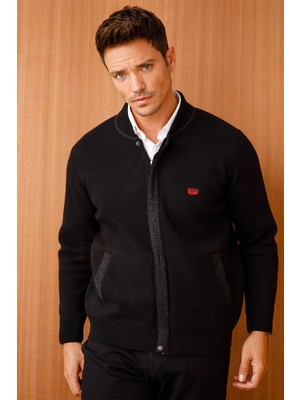 Desen Triko Erkek Pike Dokuma Fermuarlı Cepli Triko Mont Siyah