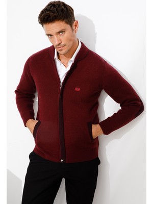 Desen Triko Erkek Pike Dokuma Fermuarlı Cepli Triko Mont Bordo