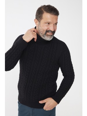 Desen Triko Erkek Balıkçı Yaka Saç Örgülü Yün Kazak Siyah