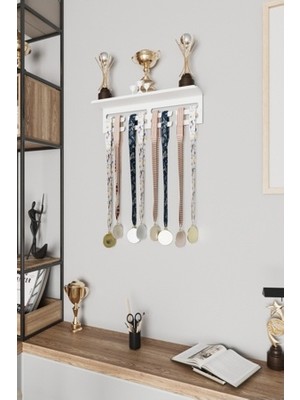 Kupa Raflı Madalya Askılığı Kupa Tasarımlı Metal Madalya Askısı ve Kupa Standı 15X35X10 cm
