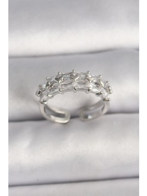 Pirinç Gümüş Renk Zirkon Taşlı Ayarlanabilir Yüzük - Lisinya