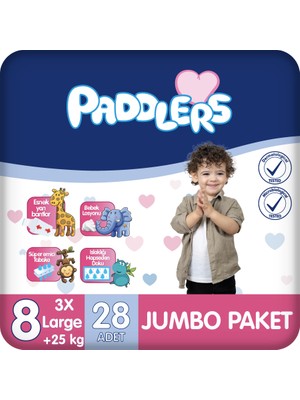 Paddlers Bebek Bezi 8 Numara Jumbo Paket 28 Adet (25+ Kg) Bantlı Bez Yumuşak ve Esnek Yan Bantlarla