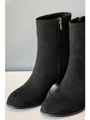 Kadın Marta Siyah Süet 6 cm Kalın Topuklu Yumurta  Burun Fermuarlı Bot