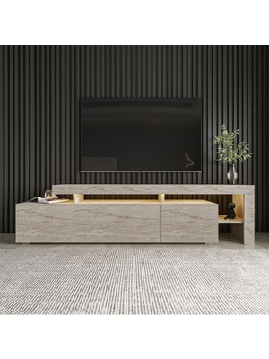 İnarch Dizayn Beliz Modern LED Işıklı 3 Kapaklı, Raflı TV Sehpası – 192 cm, Traverten Desen