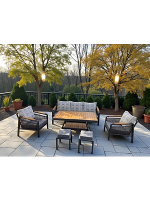 Rose Masif Ahşap ve Metal Bahçe Balkon Koltuk Takımı 3+1+1+Masa+2 Puf