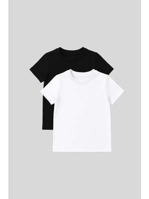 Standart Fit Basic O Yaka 2li Paket Siyah-Beyaz Unisex Çocuk T-Shirt - 11328