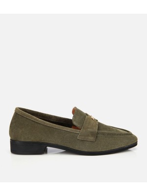 Hotiç Kadın Süet Deri Haki Yumuşak Dokulu Klasik Loafer