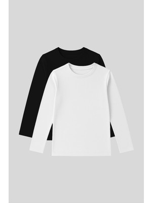 Standart Fit Basic O Yaka 2li Paket Siyah-Beyaz Unisex Çocuk T-Shirt - 11329