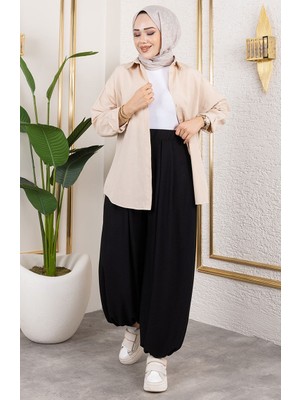 Sefa Merve Beli Lastikli Şalvar Pantolon 0001-01 Siyah